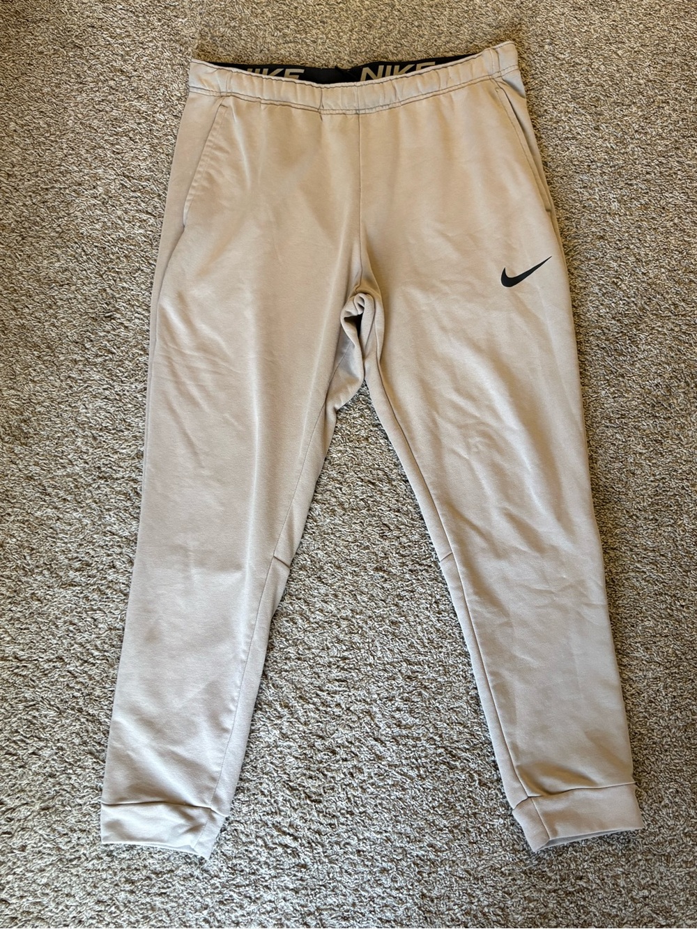 Nike Men's Tan Jogger Sweatpants with Black Swoosh